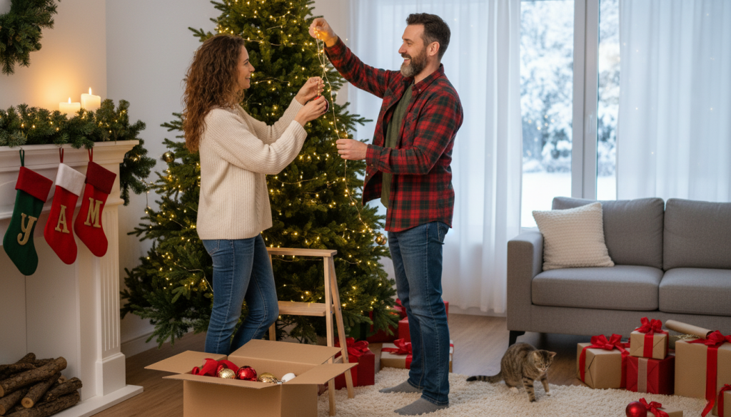 Couple Decorating the Christmas Tree