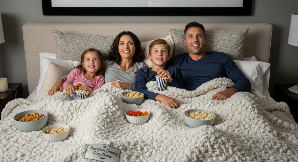 family wrapped in a blanket