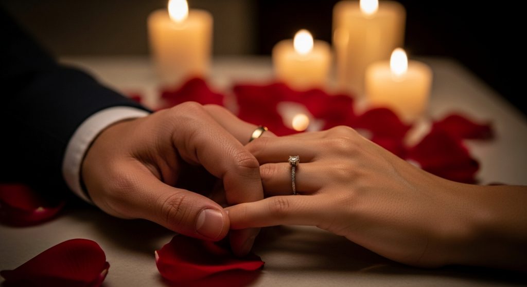 hands of an engaged couple with rings