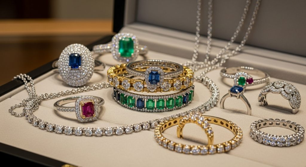 Luxury jewelry with colored stones.