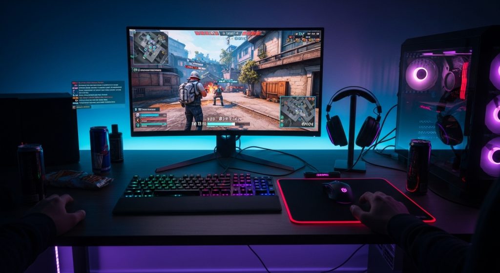 LED gamer desk playing a shooter game.