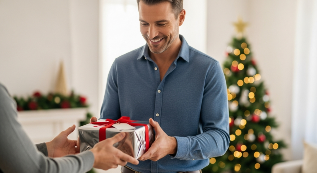 man receiving Christmas gift