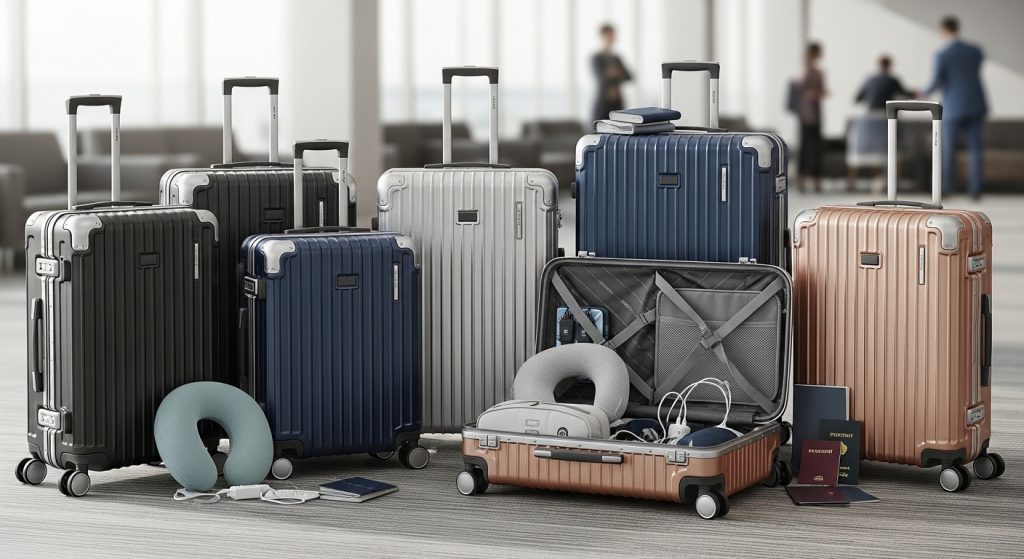 Travel luggage with accessories.

