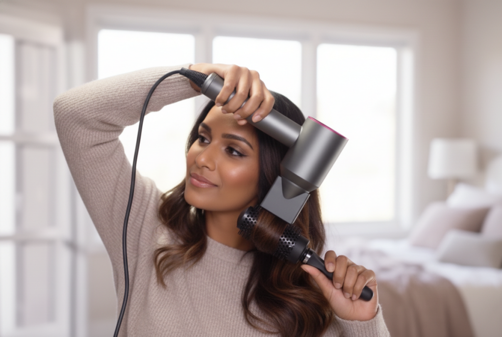 girl drying her hair with a dyson hair dryer