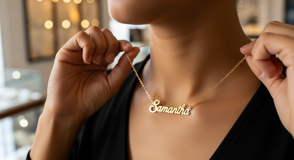 woman with personalized name necklace