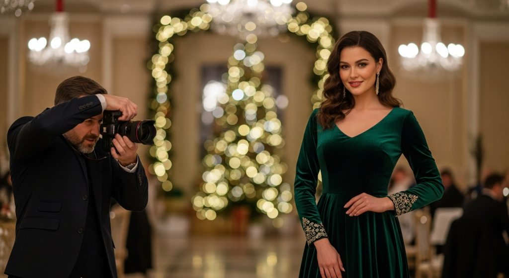 photographer and model wearing christmas clothes