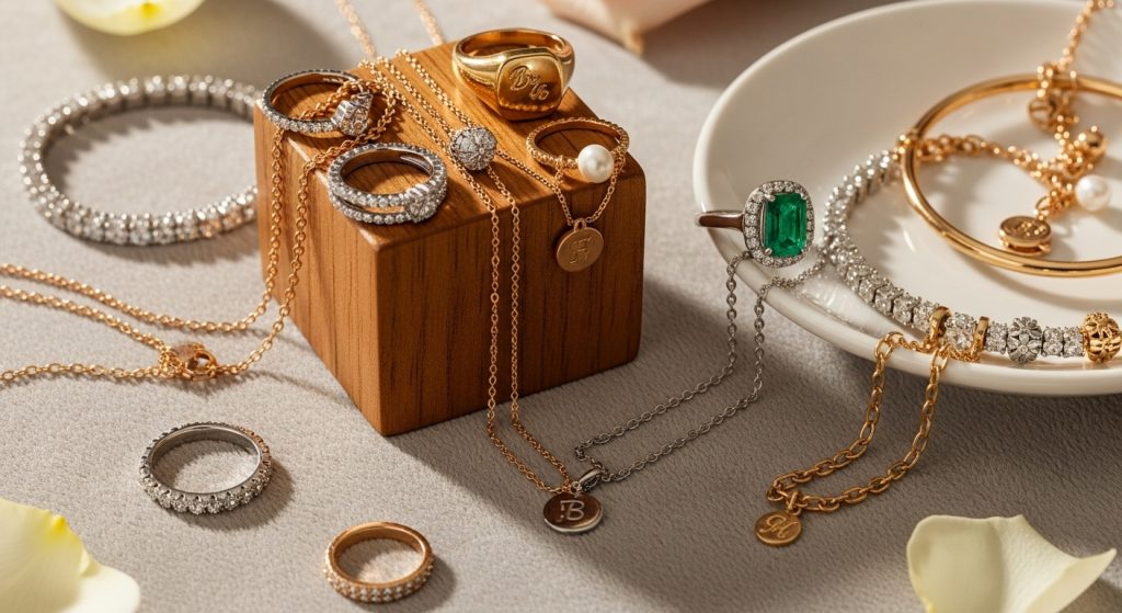 Gold and silver necklaces and rings.