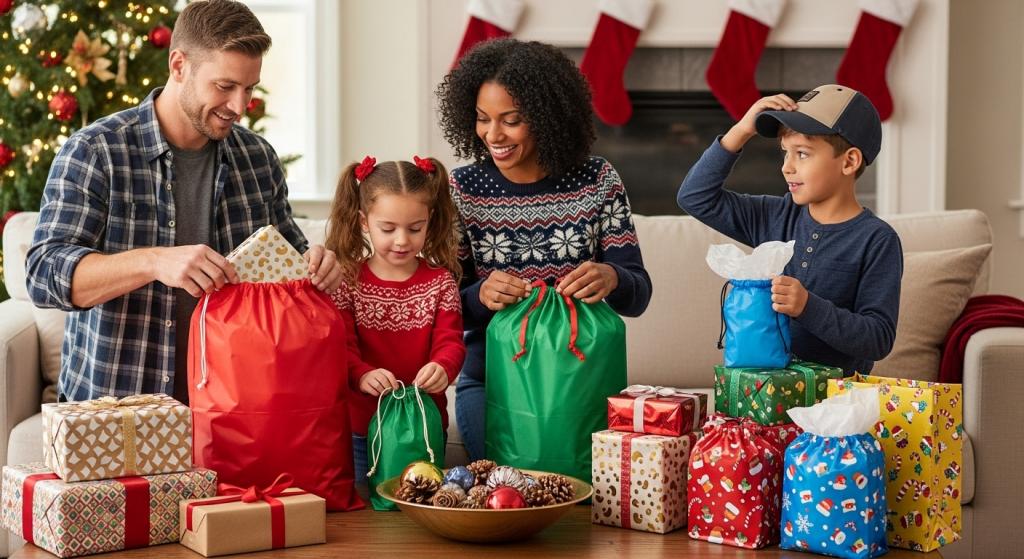 family with Kringle Express Totes