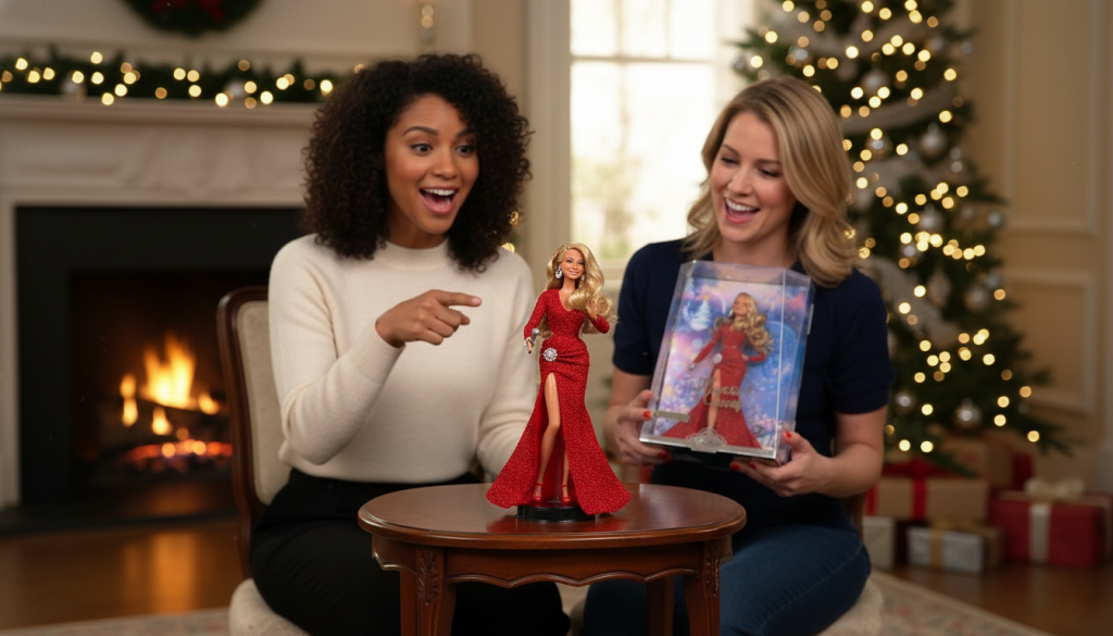 Women with Mariah Carey Collector Holiday Barbie