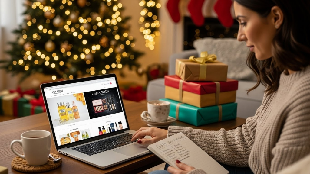 girl buying products online  L’Occitane and Laura Geller