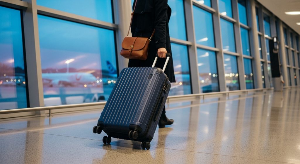 Person and suitcase in airport.
