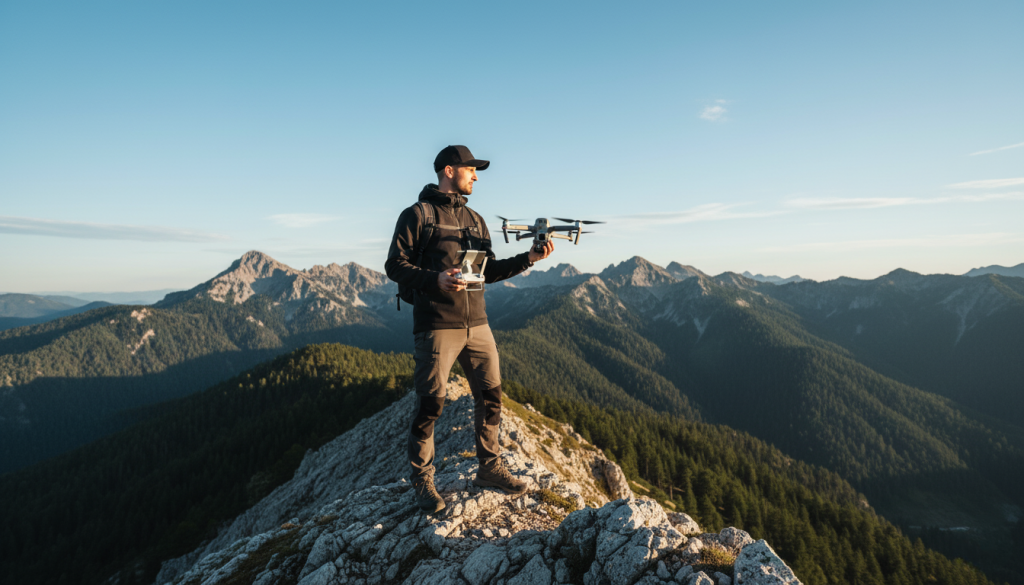 man in the mountains flying a drone