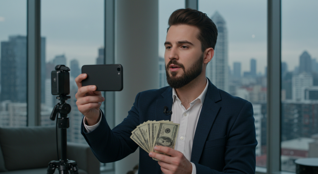man using phone with money in the hand