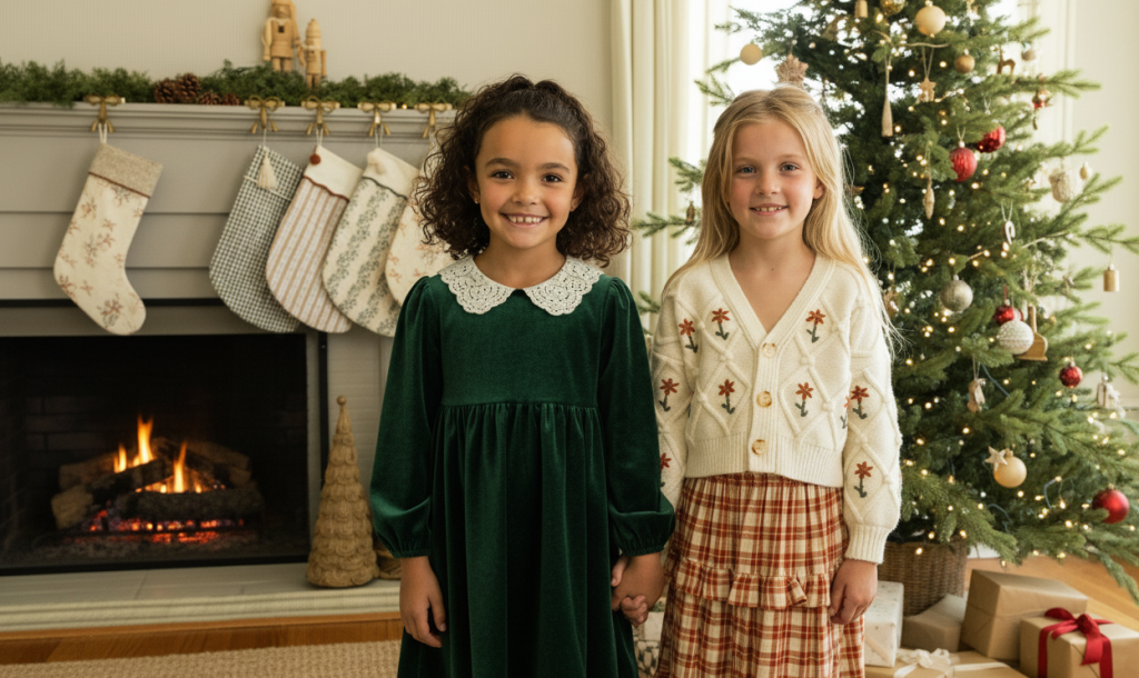 girls in dresses in front of a fireplace