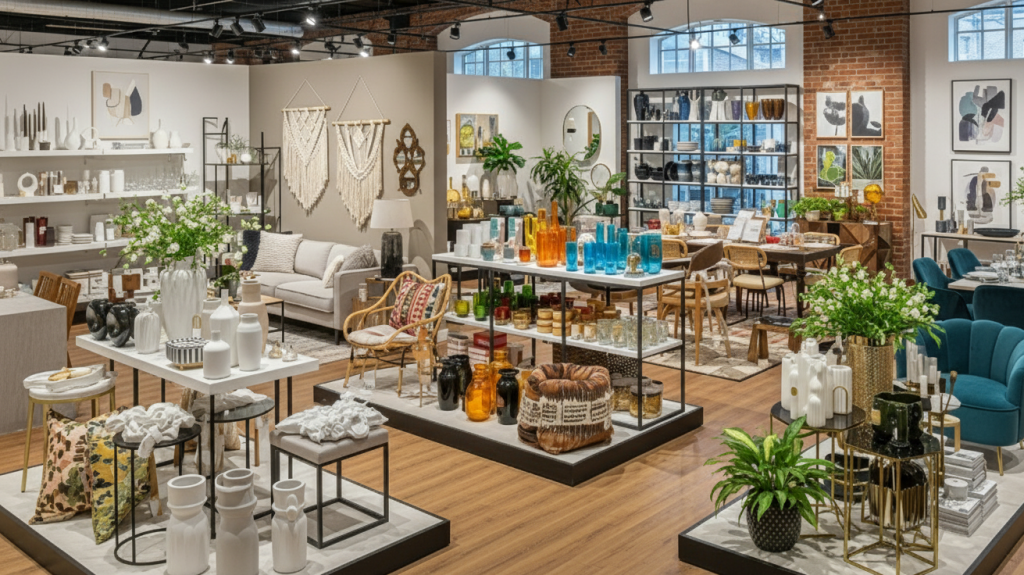 Large store with modern decor and brick walls.

