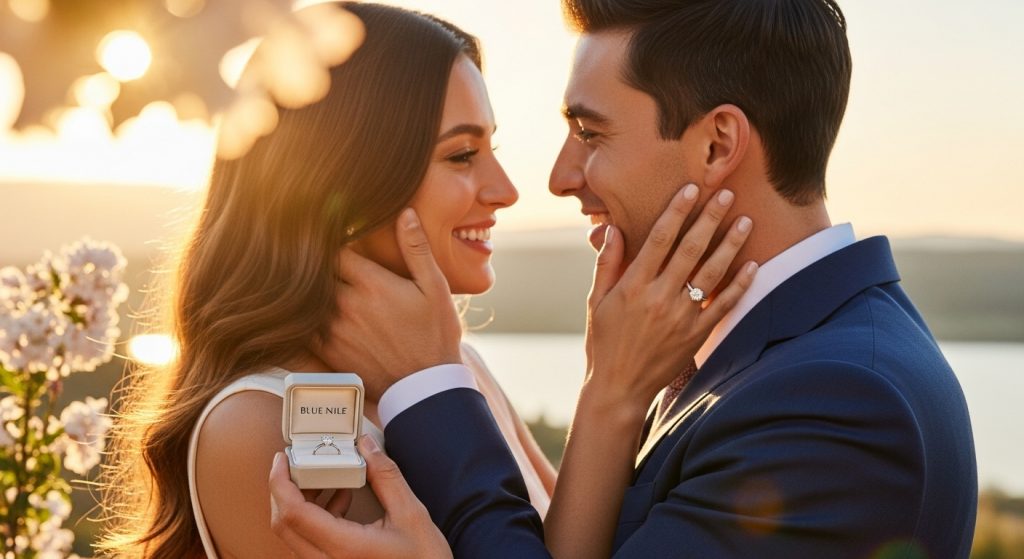 couple getting engaged with Blue Nile ring