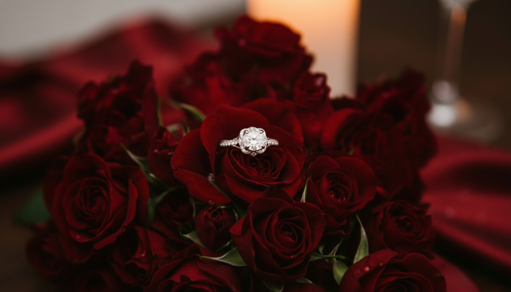 engagement ring on roses