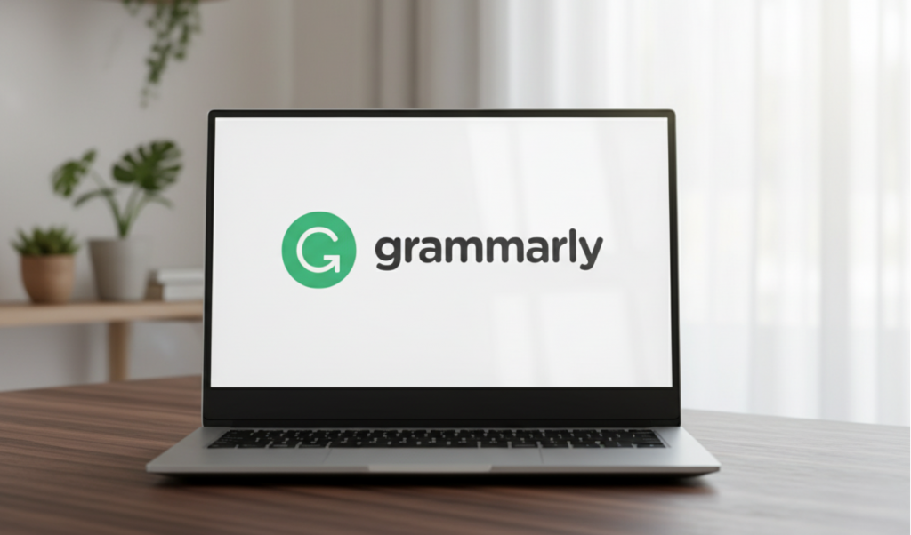 laptop with grammarly logo