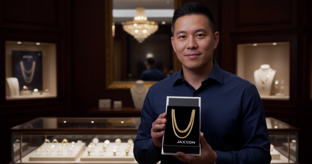 man holding jaxxon jewelry in jewelry store