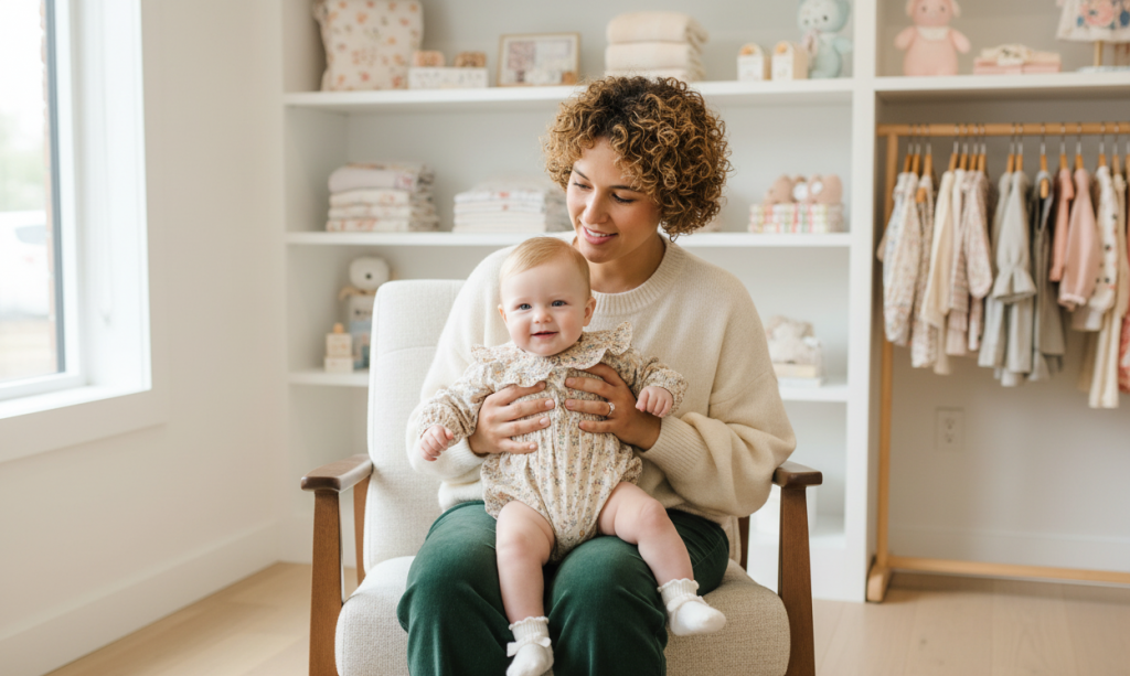 woman carrying a baby in a baby store