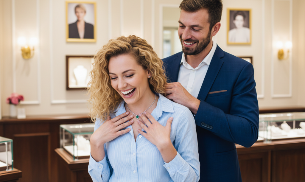 man putting a gift necklace on his wife