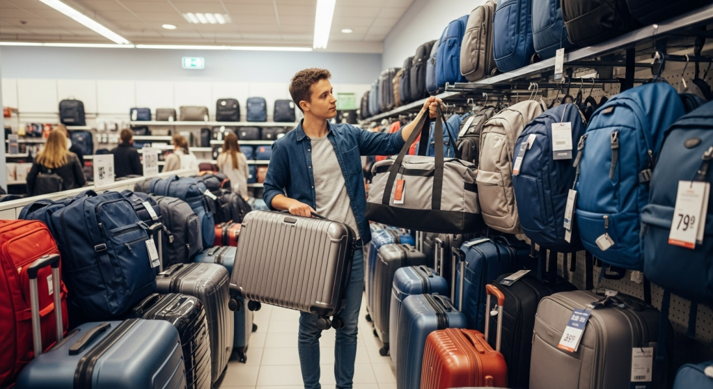 man choosing luggage in a suitcase store