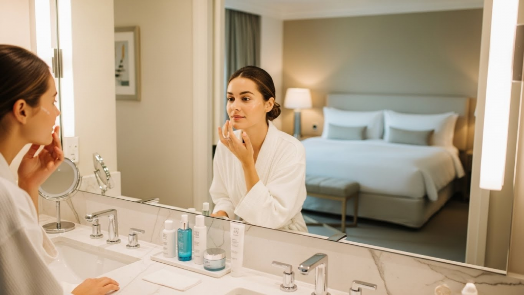 woman doing skincare in the bathroom
