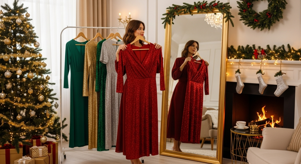 woman shopping for Christmas clothes