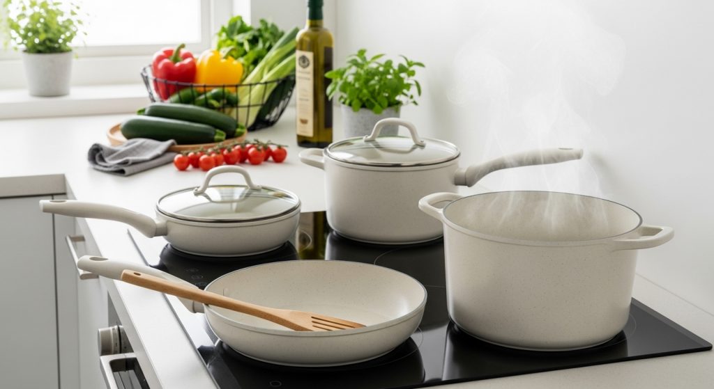 White pots cooking on the stove.