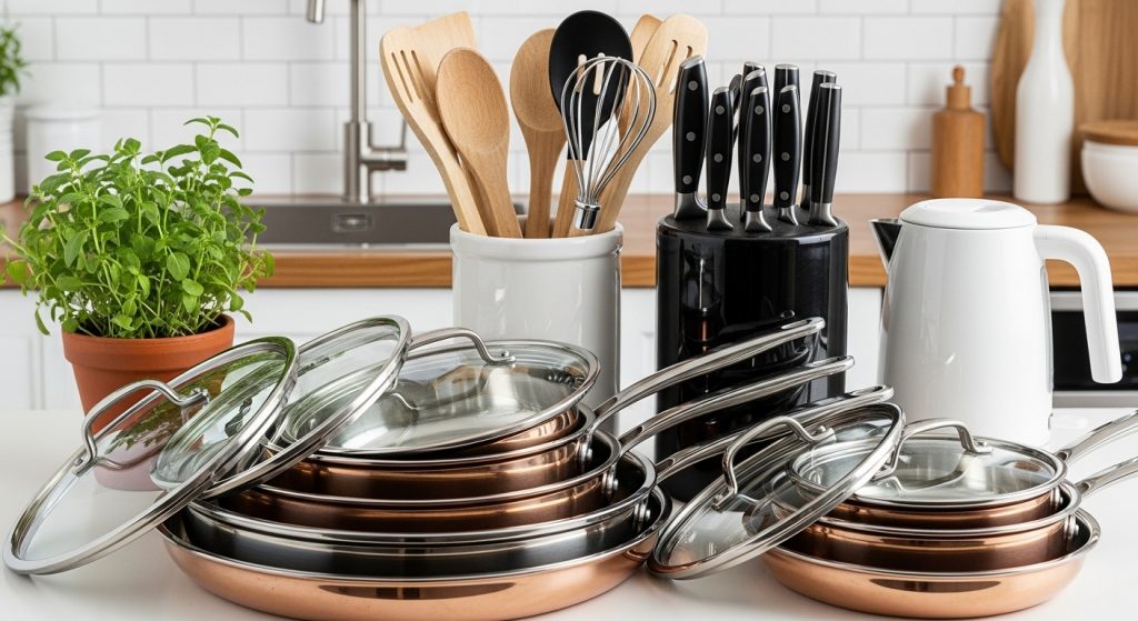 Copper pans, cutlery, and knife block.
