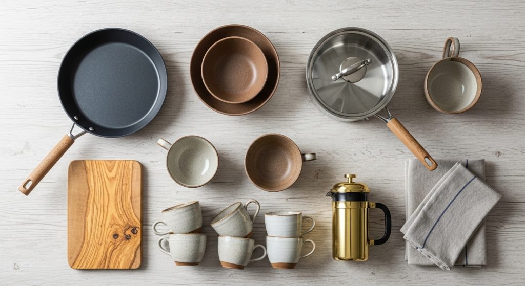 Rustic kitchenware seen from above.