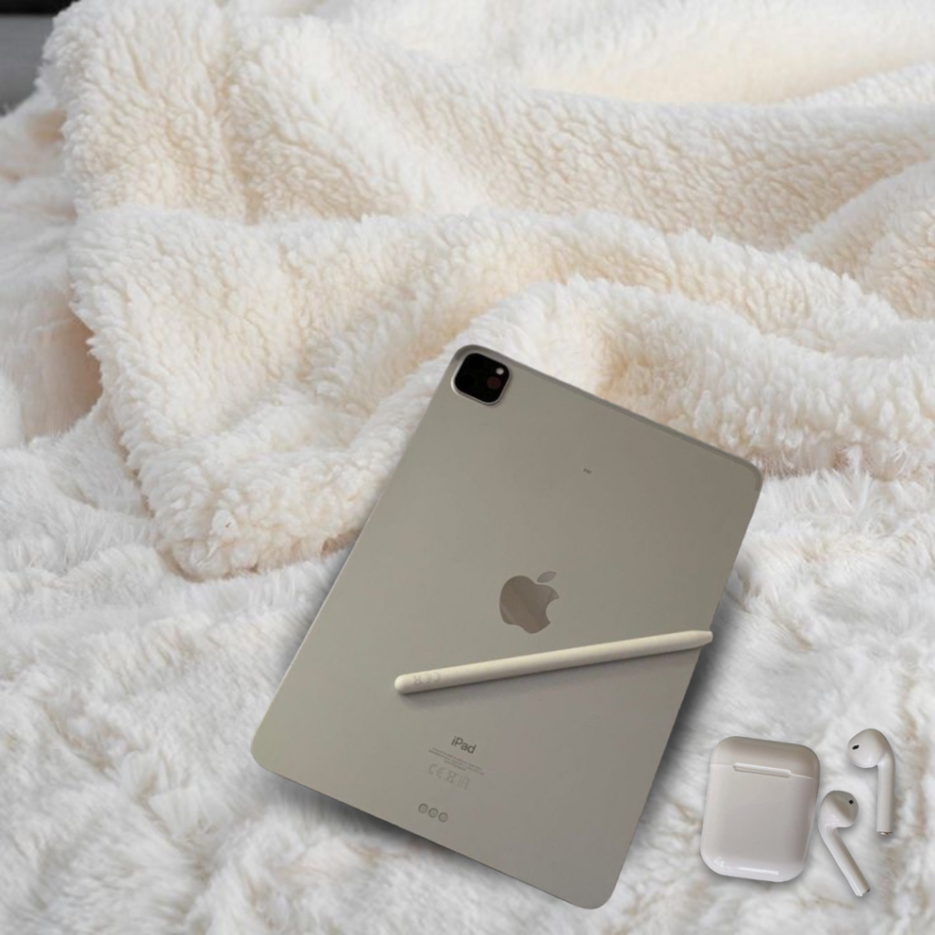 iPad & ear pods on white sheets - apple - headphones - tablet