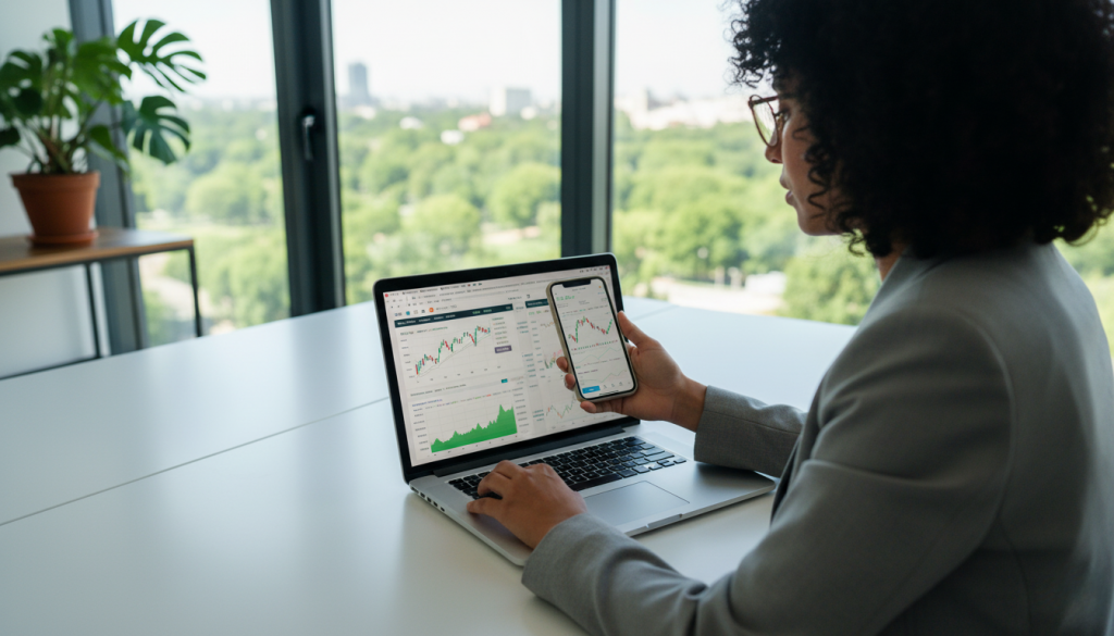 woman using investment apps on laptop and phone