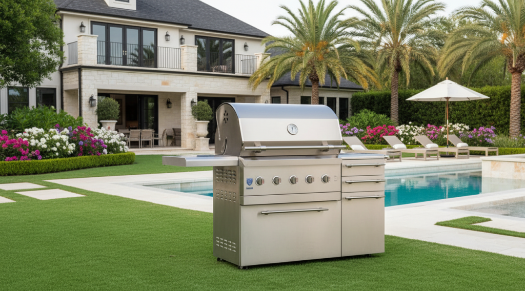 built-in grills in home gardens with swimming pools