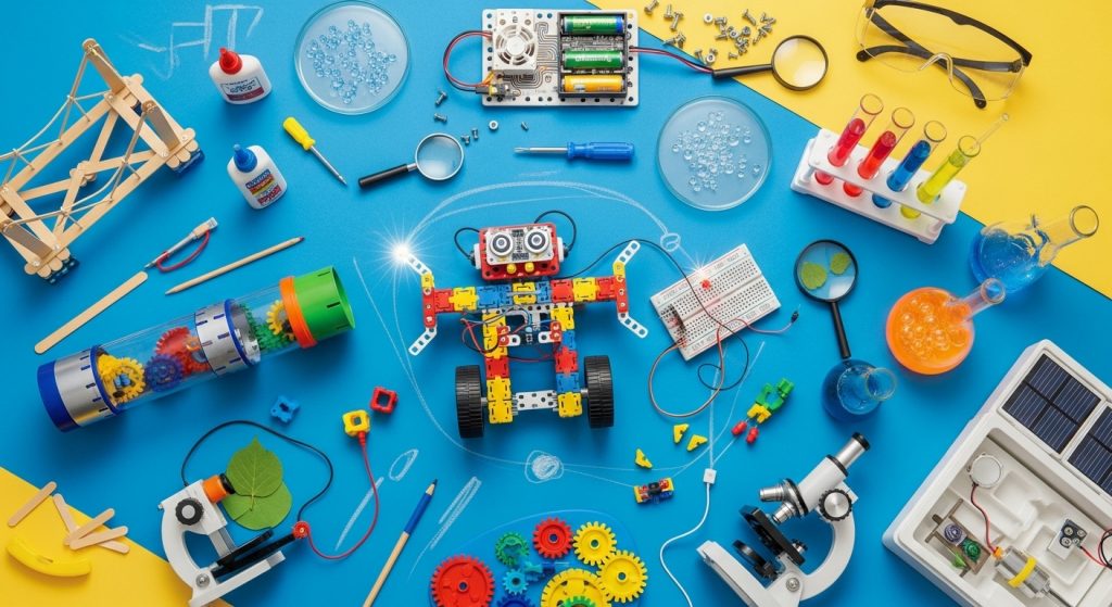 STEM still life (robot, lab gear).