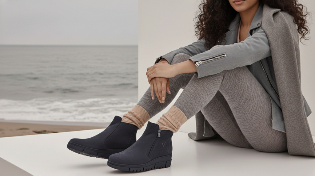 model wearing vionic boots