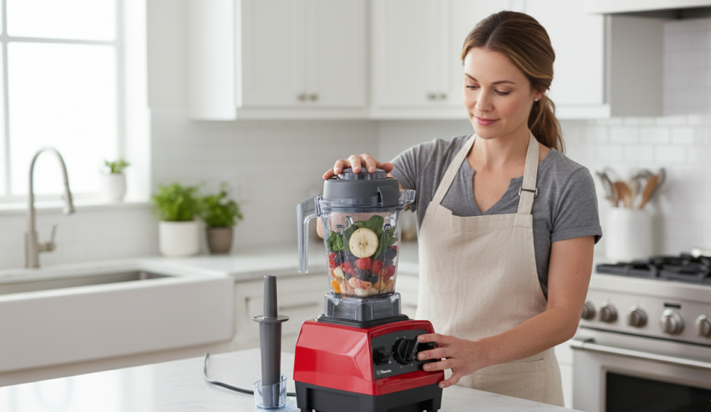 Woman using Vitamix Explorian 2.0 in kitchen