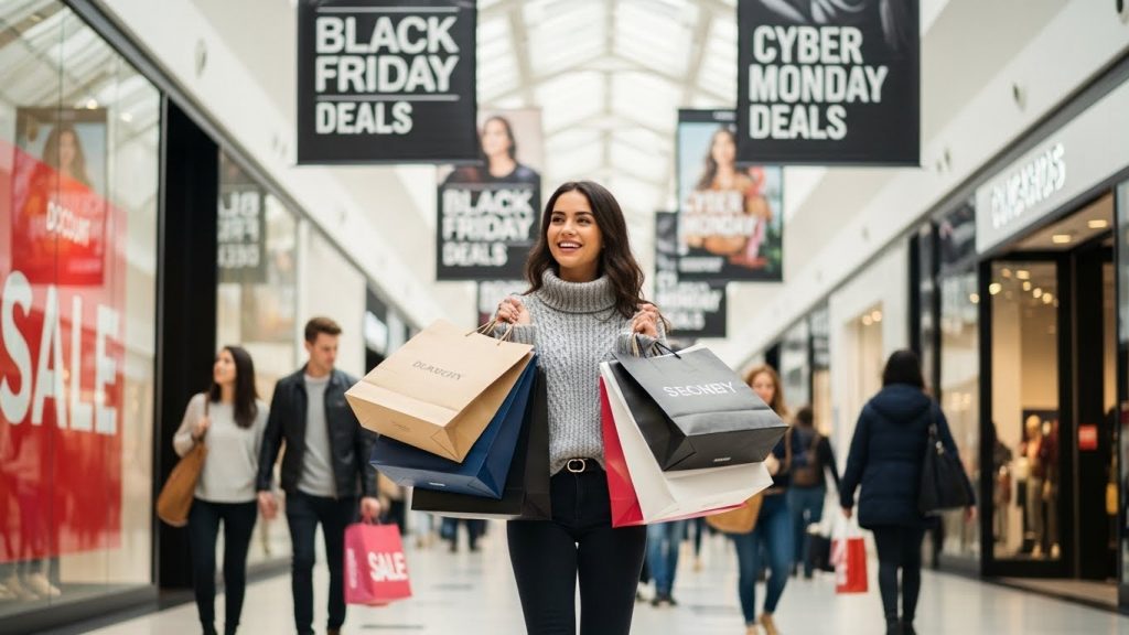 woman with Black Friday and Cyber Monday purchases