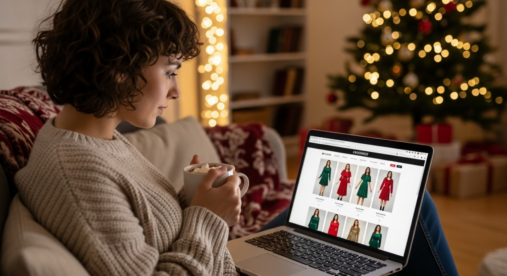 woman shopping online for christmas clothes