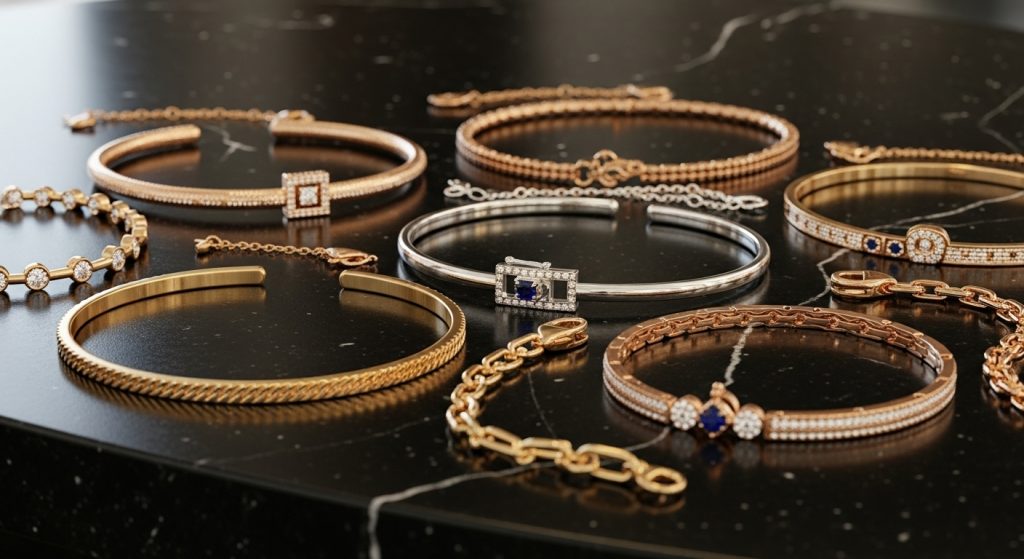 Various gold and silver bracelets.