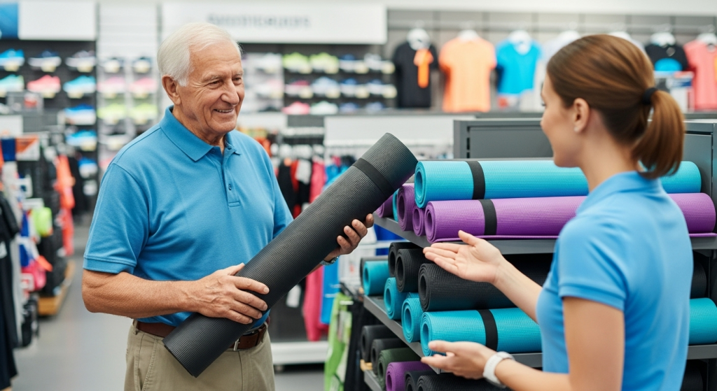 man buying yoga mat