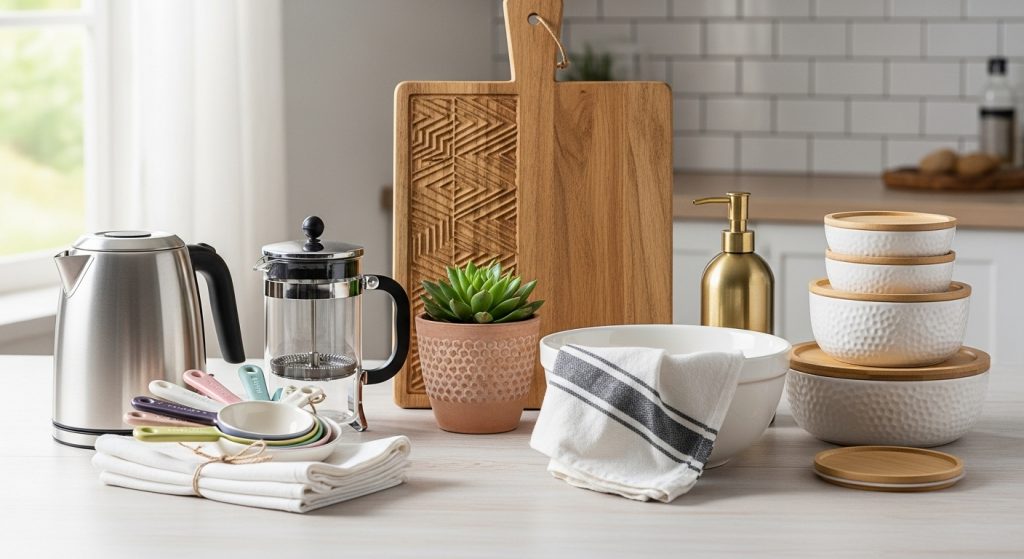 Assorted kitchen gadgets on a countertop.
