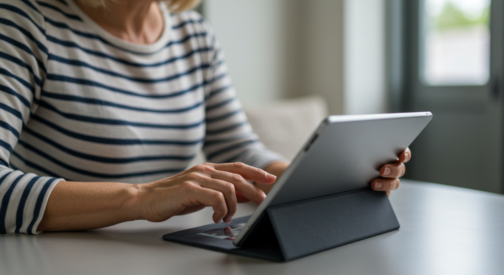 person using digital tablet at table