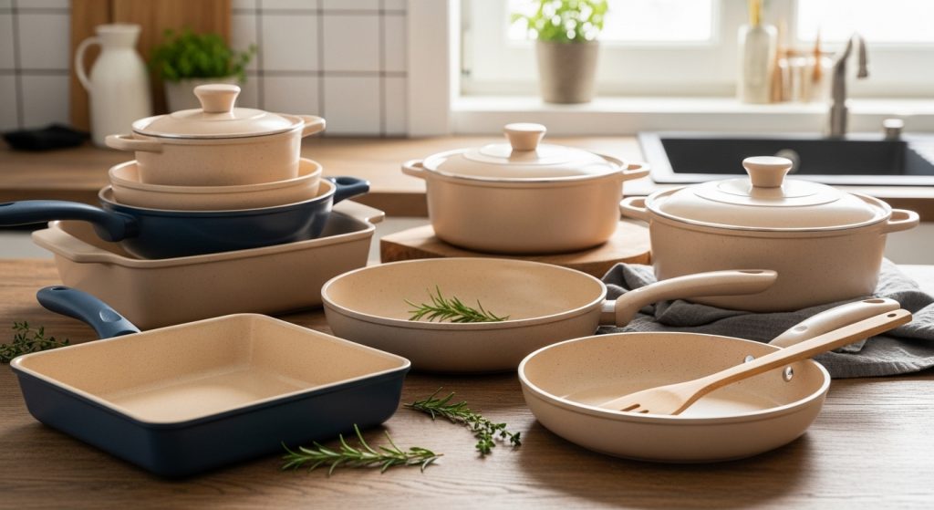 Set of beige pots and pans on a wooden countertop.
