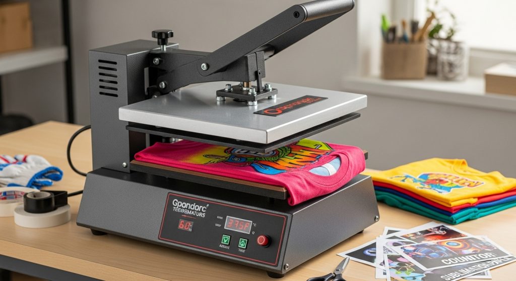 Heat press stamping a shirt.
