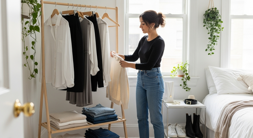 woman hanging clothes