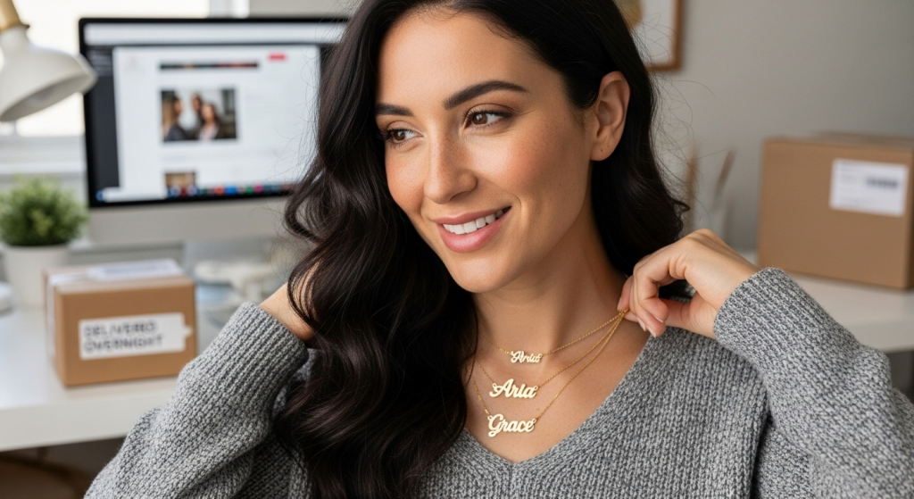 woman with personalized name necklace