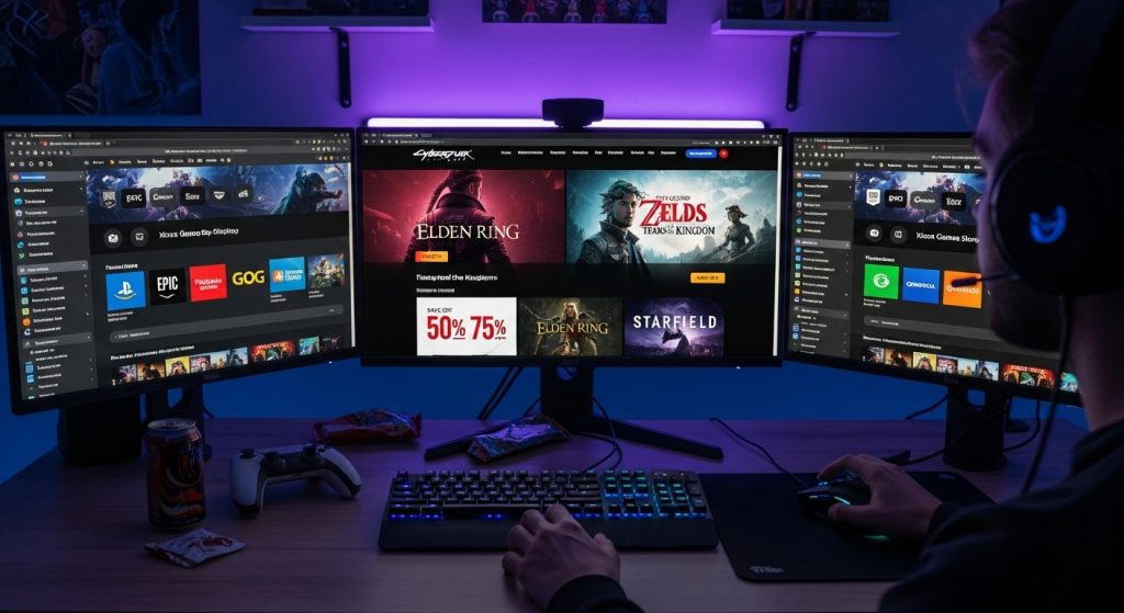 Triple monitor displaying a game store.