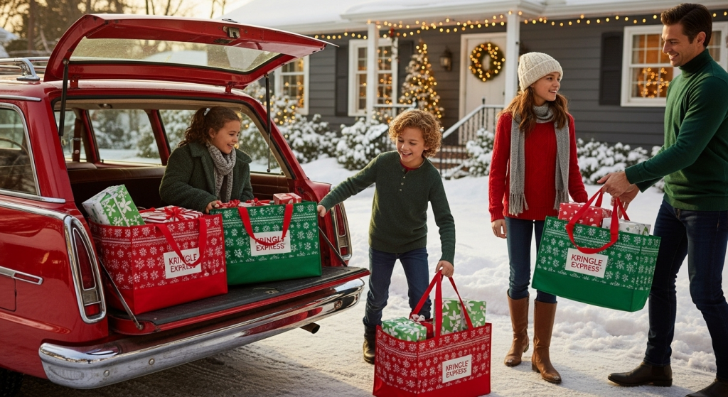 family with Kringle Express Totes